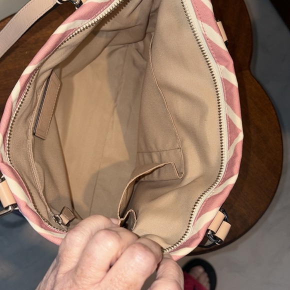 Coach Pink zebra striped tote  canvas/light tan leather trim/2 hangtags like new - Picture 14 of 16